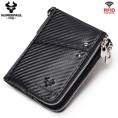 men's genuine leather wallet, RFID blocking wallet, double zipper coin purse, multiple card slots wallet, men's accessory, Australian wallet, leather coin purse, secure wallet men - Carbon -fiber black - Size M