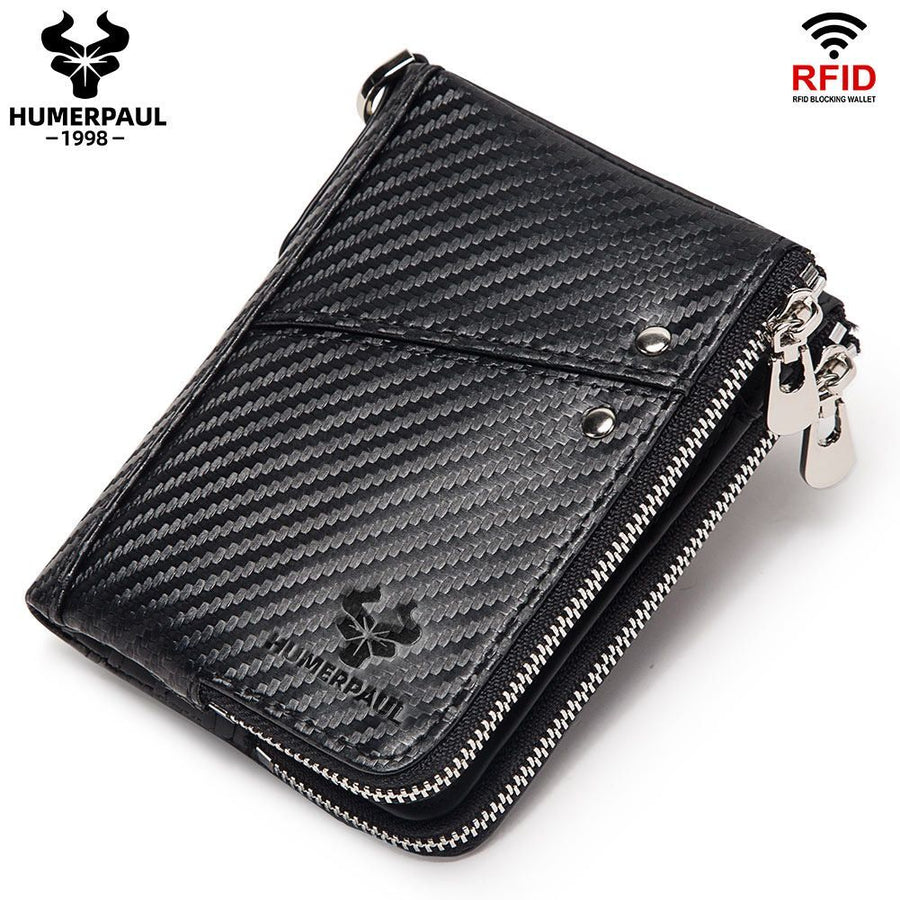 men's genuine leather wallet, RFID blocking wallet, double zipper coin purse, multiple card slots wallet, men's accessory, Australian wallet, leather coin purse, secure wallet men - Carbon -fiber black - Size M