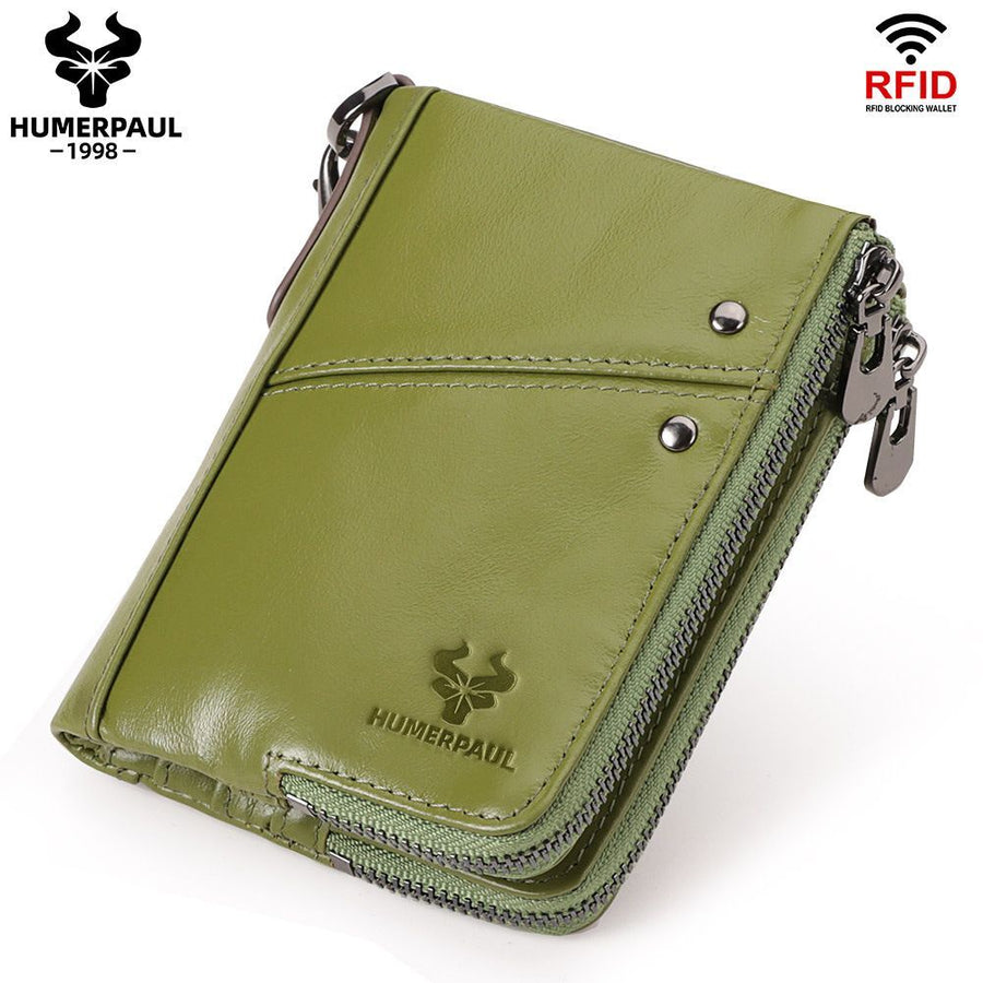 men's genuine leather wallet, RFID blocking wallet, double zipper coin purse, multiple card slots wallet, men's accessory, Australian wallet, leather coin purse, secure wallet men - Green - Size M