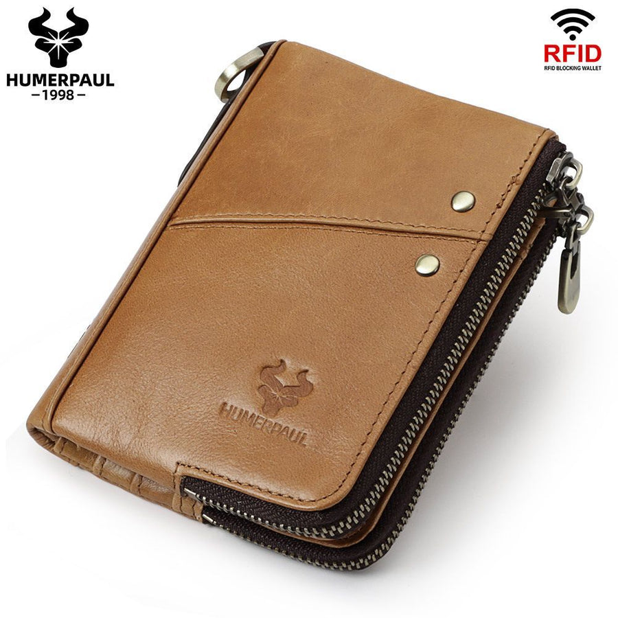 men's genuine leather wallet, RFID blocking wallet, double zipper coin purse, multiple card slots wallet, men's accessory, Australian wallet, leather coin purse, secure wallet men - Light Brown - Size M