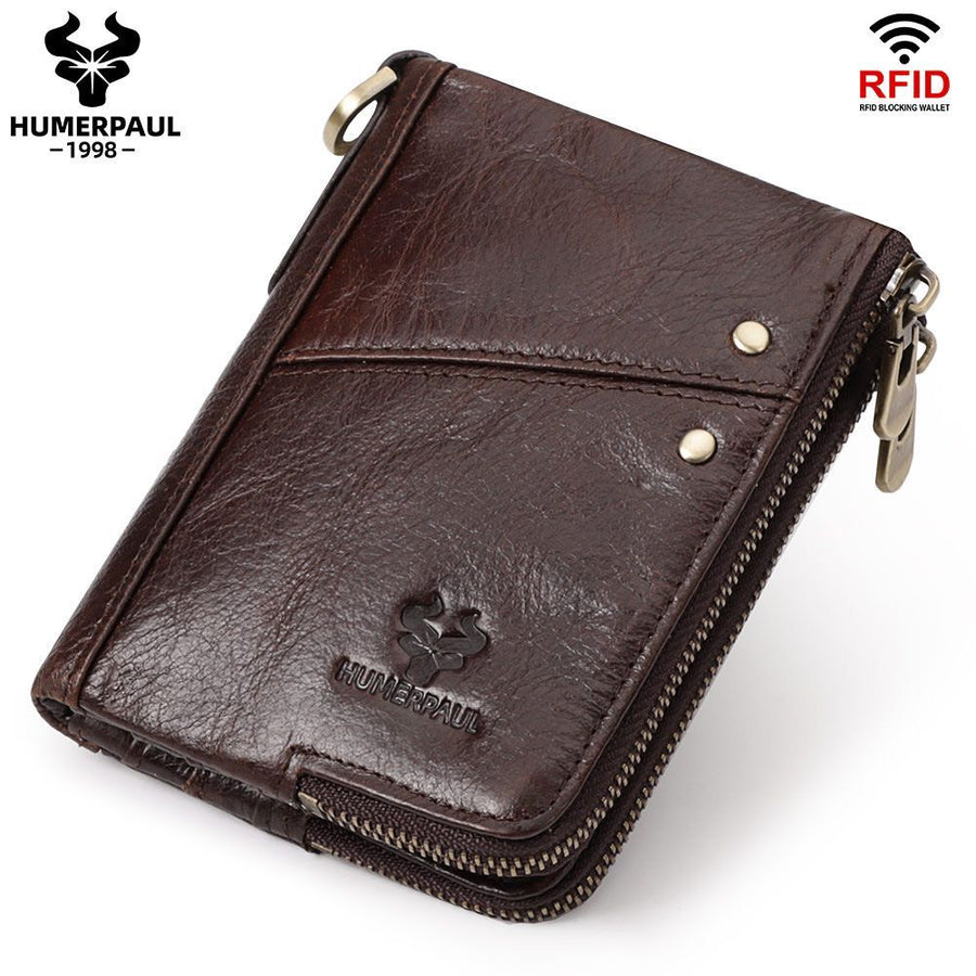 men's genuine leather wallet, RFID blocking wallet, double zipper coin purse, multiple card slots wallet, men's accessory, Australian wallet, leather coin purse, secure wallet men - Mocha - Size M