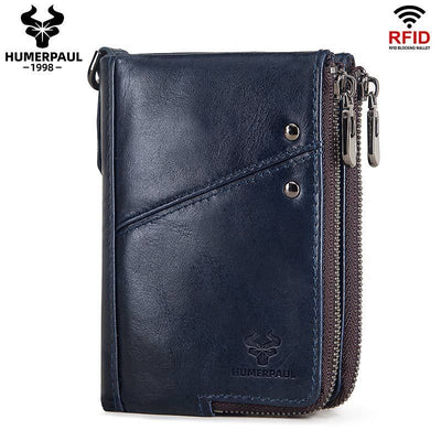 men's genuine leather wallet, RFID blocking wallet, double zipper coin purse, multiple card slots wallet, men's accessory, Australian wallet, leather coin purse, secure wallet men - Navy - Size M