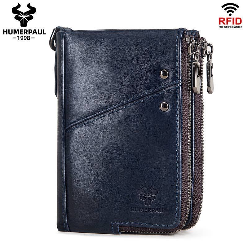 men's genuine leather wallet, RFID blocking wallet, double zipper coin purse, multiple card slots wallet, men's accessory, Australian wallet, leather coin purse, secure wallet men - Navy - Size M