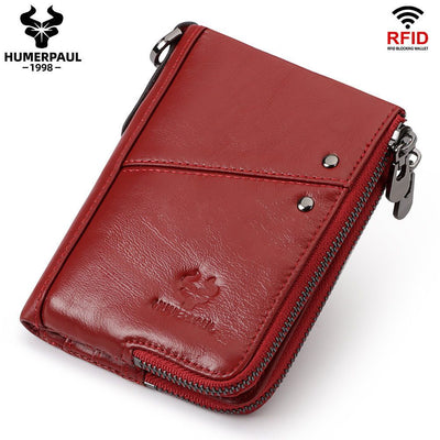 men's genuine leather wallet, RFID blocking wallet, double zipper coin purse, multiple card slots wallet, men's accessory, Australian wallet, leather coin purse, secure wallet men - Red - Size M