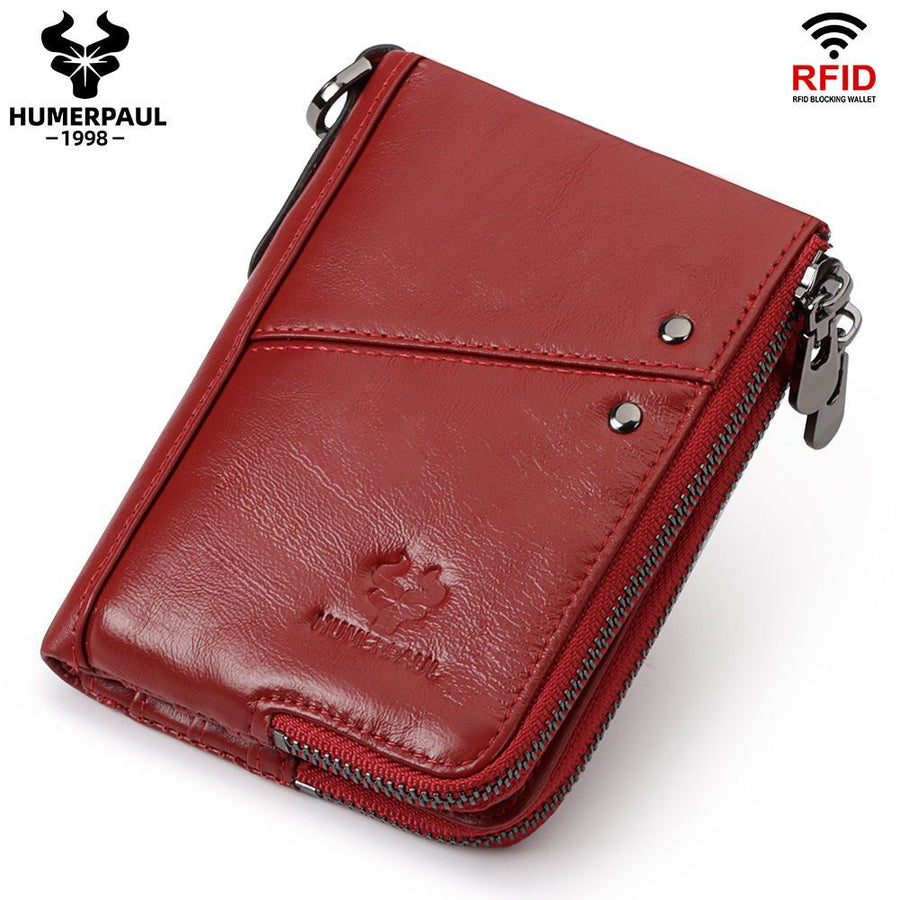 men's genuine leather wallet, RFID blocking wallet, double zipper coin purse, multiple card slots wallet, men's accessory, Australian wallet, leather coin purse, secure wallet men - Red - Size M