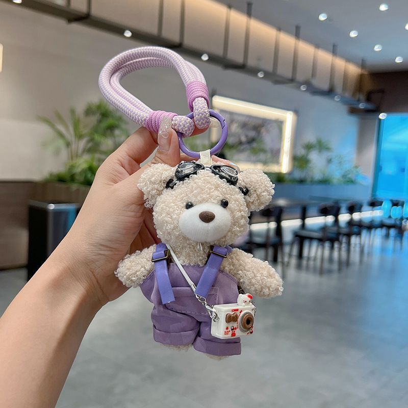 cute teddy bear keychain, plush teddy bear, teddy bear with goggles, teddy bear overalls, fashion keychain, bag charm, cute accessories - Purple - Size 1
