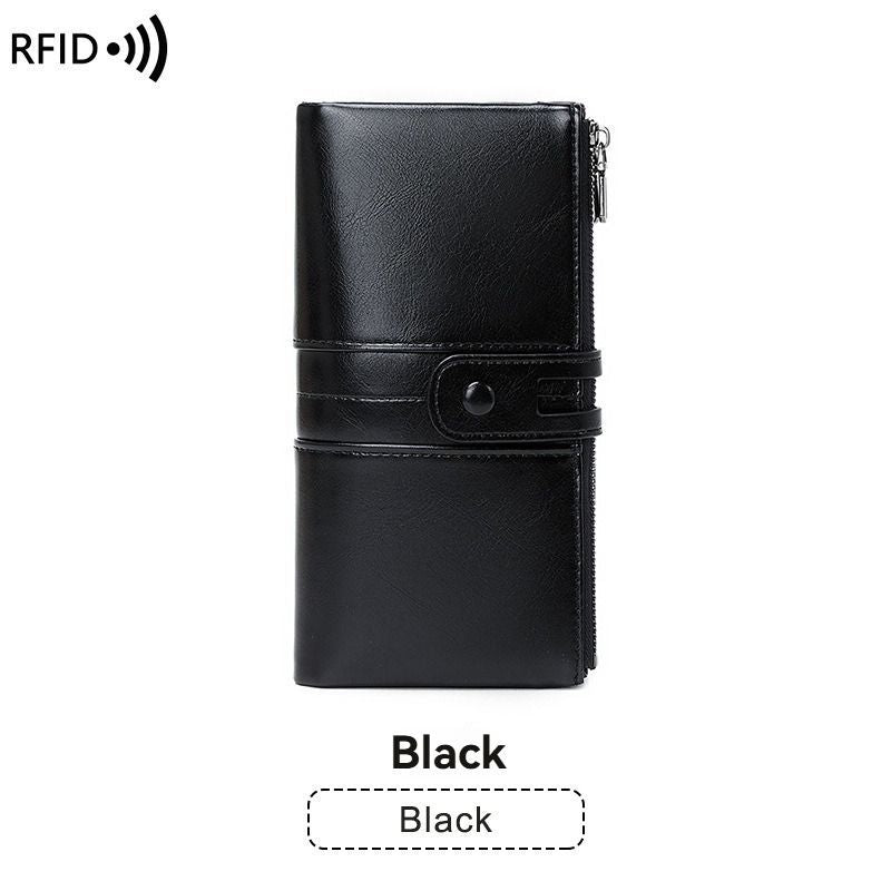 women's leather wallet, anti-skimming wallet, retro style wallet, Korean fashion wallet, long wallet for women, ladies accessory, RFID blocking wallet, genuine leather clutch - Black - Size L