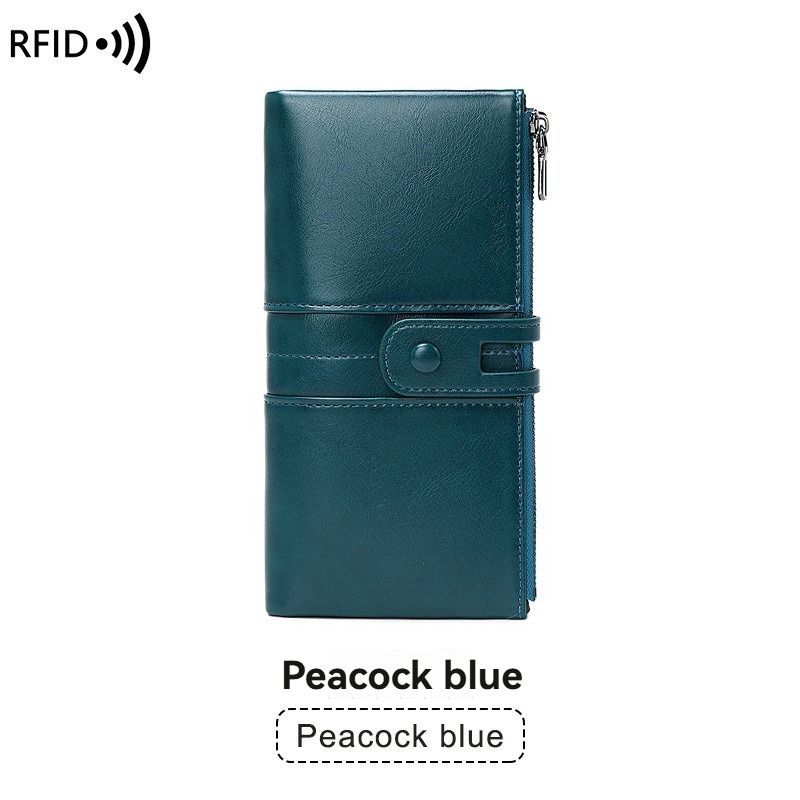 women's leather wallet, anti-skimming wallet, retro style wallet, Korean fashion wallet, long wallet for women, ladies accessory, RFID blocking wallet, genuine leather clutch - Blue - Size L
