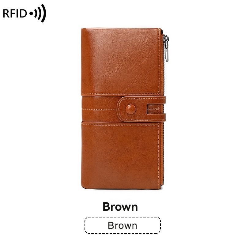women's leather wallet, anti-skimming wallet, retro style wallet, Korean fashion wallet, long wallet for women, ladies accessory, RFID blocking wallet, genuine leather clutch - Brown - Size L