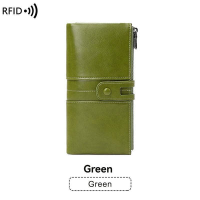 women's leather wallet, anti-skimming wallet, retro style wallet, Korean fashion wallet, long wallet for women, ladies accessory, RFID blocking wallet, genuine leather clutch - Green - Size L