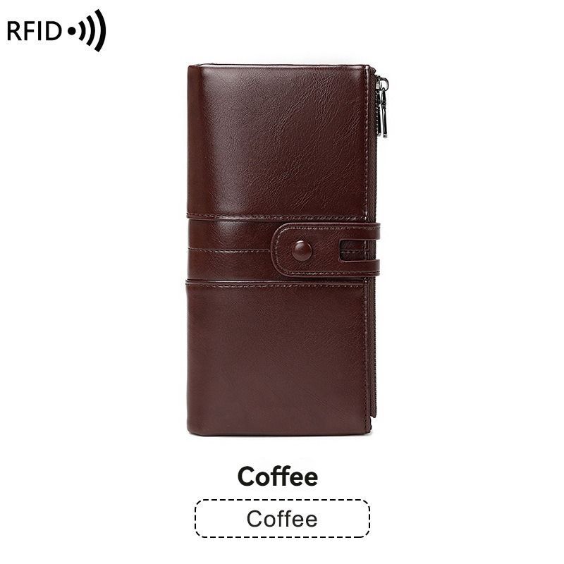 women's leather wallet, anti-skimming wallet, retro style wallet, Korean fashion wallet, long wallet for women, ladies accessory, RFID blocking wallet, genuine leather clutch - Mocha - Size L