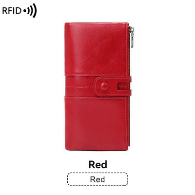 women's leather wallet, anti-skimming wallet, retro style wallet, Korean fashion wallet, long wallet for women, ladies accessory, RFID blocking wallet, genuine leather clutch - Red - Size L