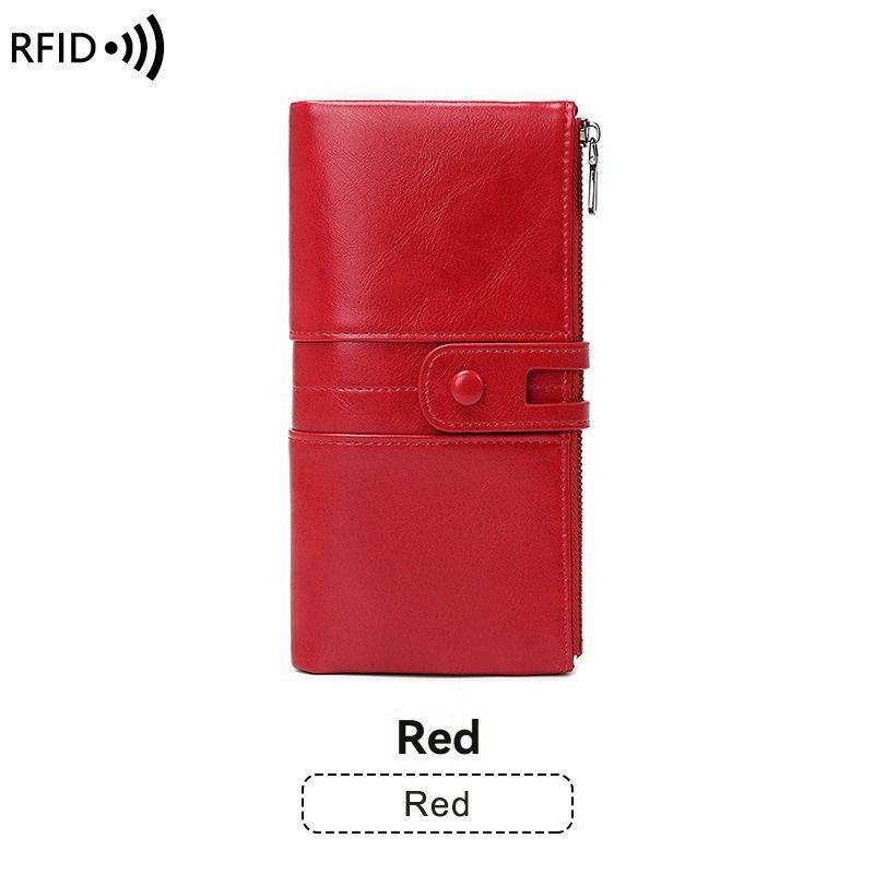 women's leather wallet, anti-skimming wallet, retro style wallet, Korean fashion wallet, long wallet for women, ladies accessory, RFID blocking wallet, genuine leather clutch - Red - Size L