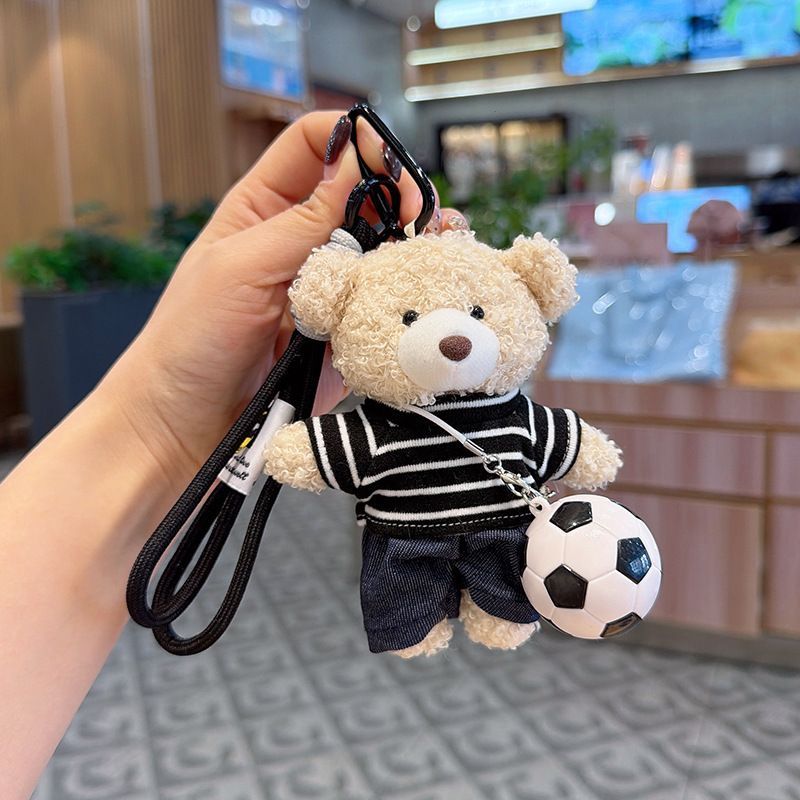 teddy bear keychain, soccer keychain, striped t-shirt keychain, car keychain, bag charm, plush keychain, sports accessory, gift for soccer fans, trendy keychain, cute keyring - Black - Size 1
