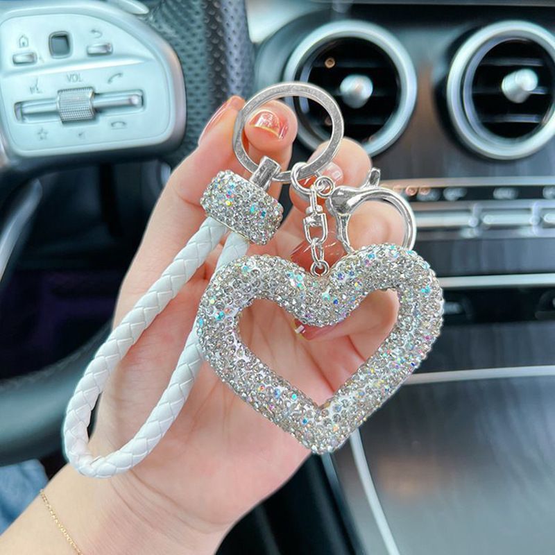 red heart keychain, hollowed-out clay keychain, full diamond keychain, car key accessory, women's fashion accessory, Australian fashion, gift for her, sparkly keychain, clay keyring - White - Size White diamond leather cord