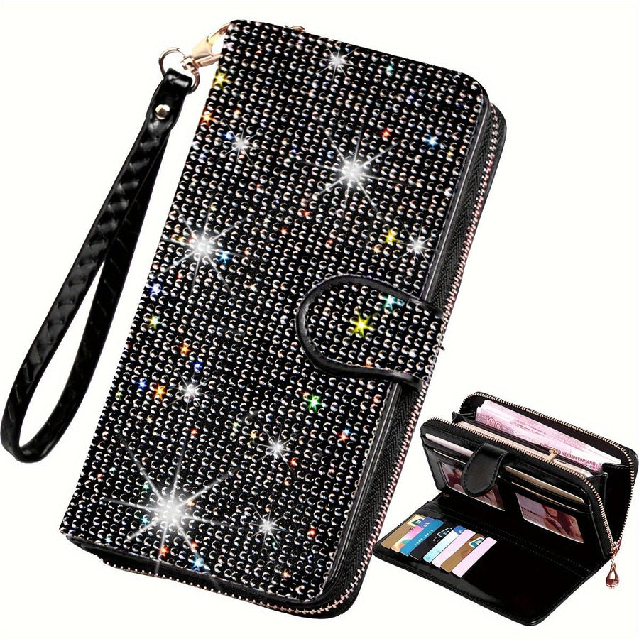 rhinestone card holder, checkbook clutch, rhinestone clutch, multiple card slots, sparkling accessory, glamorous wallet, crystal card case, protective cover, women's clutch, jewellery clutch - Black - Size L