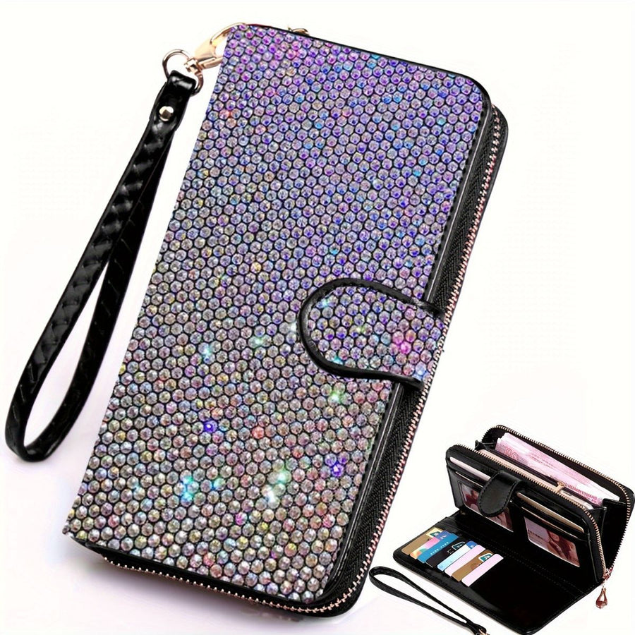 rhinestone card holder, checkbook clutch, rhinestone clutch, multiple card slots, sparkling accessory, glamorous wallet, crystal card case, protective cover, women's clutch, jewellery clutch - Multi - Size L