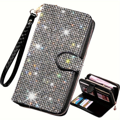rhinestone card holder, checkbook clutch, rhinestone clutch, multiple card slots, sparkling accessory, glamorous wallet, crystal card case, protective cover, women's clutch, jewellery clutch - White - Size L