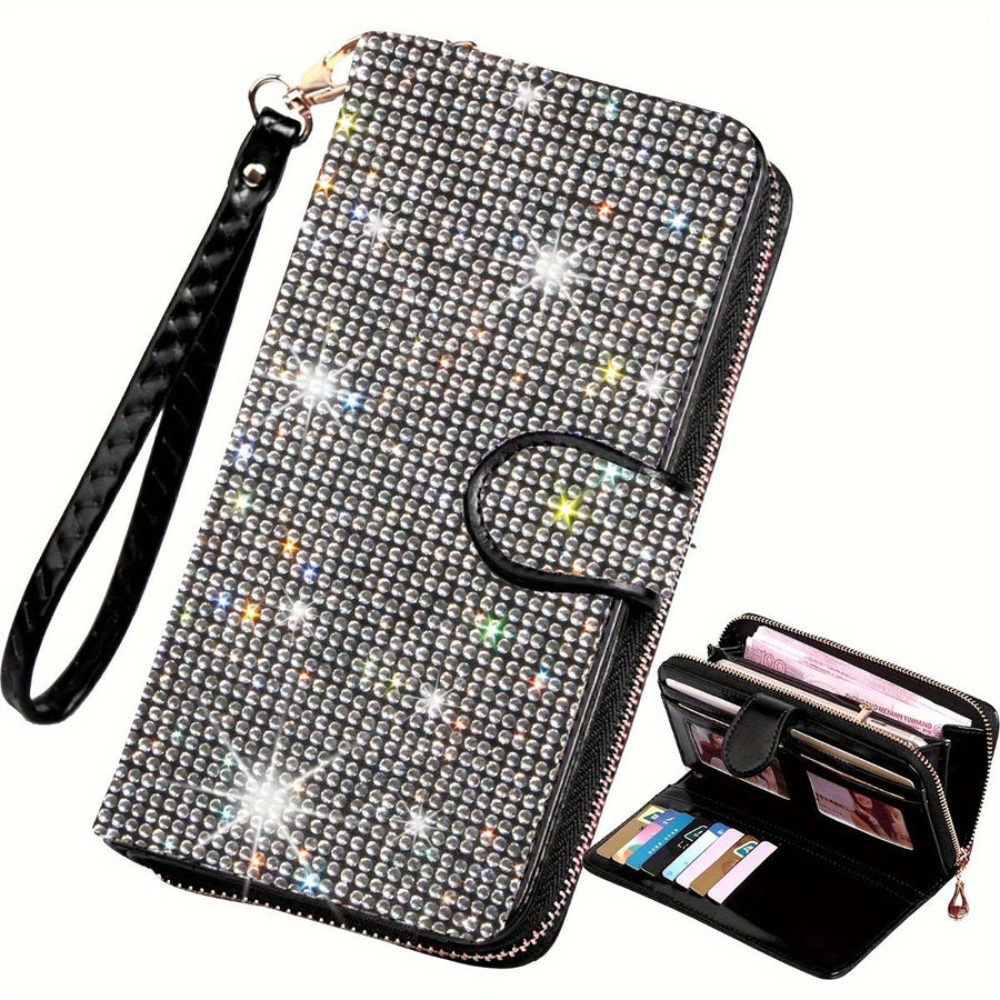 rhinestone card holder, checkbook clutch, rhinestone clutch, multiple card slots, sparkling accessory, glamorous wallet, crystal card case, protective cover, women's clutch, jewellery clutch - White - Size L