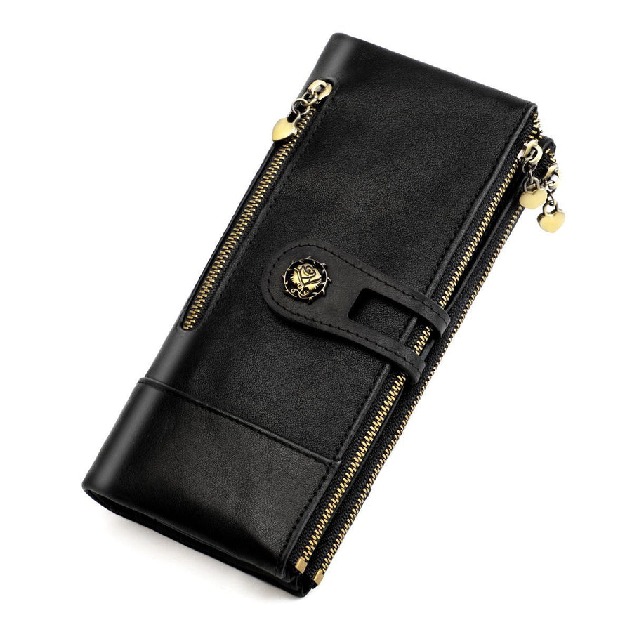 women's leather wallet, anti-skimming wallet, retro style wallet, Korean fashion wallet, long wallet for women, ladies accessory, RFID blocking wallet, genuine leather clutch - Black - Size L