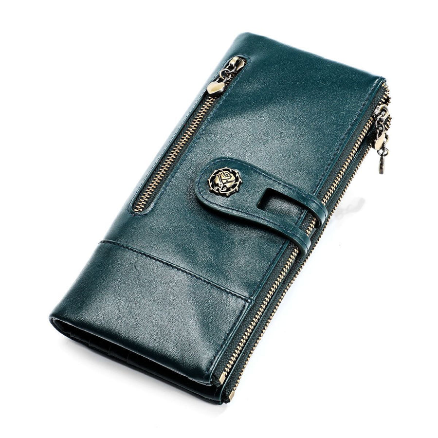 women's leather wallet, anti-skimming wallet, retro style wallet, Korean fashion wallet, long wallet for women, ladies accessory, RFID blocking wallet, genuine leather clutch - Blue - Size L