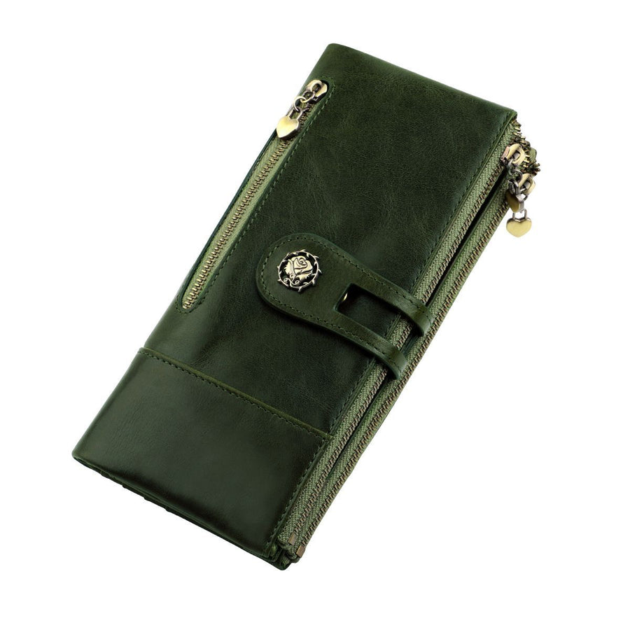 women's leather wallet, anti-skimming wallet, retro style wallet, Korean fashion wallet, long wallet for women, ladies accessory, RFID blocking wallet, genuine leather clutch - bottle green - Size L