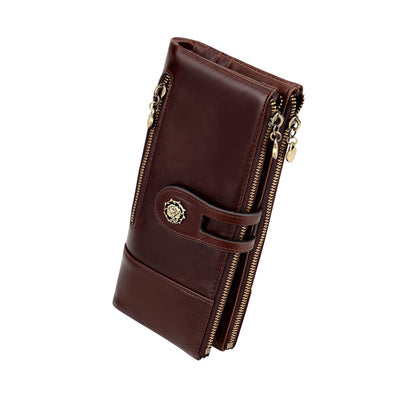 women's leather wallet, anti-skimming wallet, retro style wallet, Korean fashion wallet, long wallet for women, ladies accessory, RFID blocking wallet, genuine leather clutch - Brown - Size L