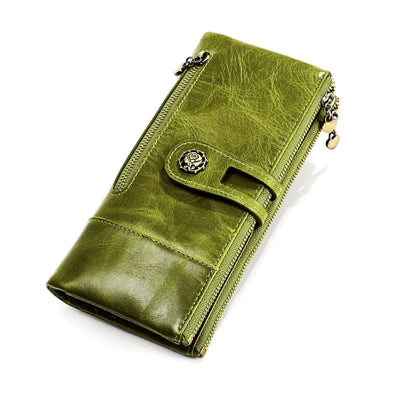 women's leather wallet, anti-skimming wallet, retro style wallet, Korean fashion wallet, long wallet for women, ladies accessory, RFID blocking wallet, genuine leather clutch - Green - Size L