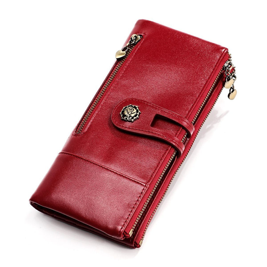 women's leather wallet, anti-skimming wallet, retro style wallet, Korean fashion wallet, long wallet for women, ladies accessory, RFID blocking wallet, genuine leather clutch - Red - Size L
