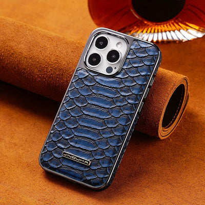 snake-pattern leather phone case, fingerprint-resistant phone case, high-end leather phone case, stylish phone case, durable phone case, Australia - Blue - Size iPhone 16