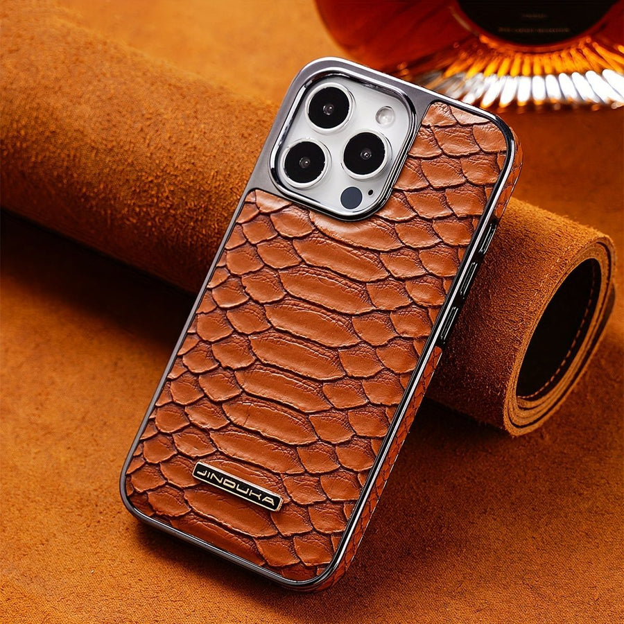 snake-pattern leather phone case, fingerprint-resistant phone case, high-end leather phone case, stylish phone case, durable phone case, Australia - Brown - Size iPhone 15