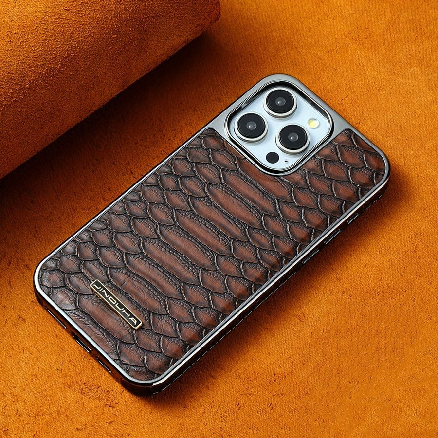 snake-pattern leather phone case, fingerprint-resistant phone case, high-end leather phone case, stylish phone case, durable phone case, Australia - Mocha - Size iPhone17pro