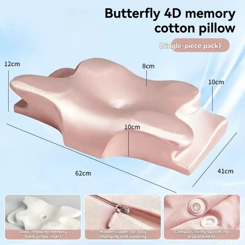 Butterfly 4D Memory Cotton Pillow Ice-Silk Fabric Cooling Pillow Cervical Spine - Pink - Size Large horn model