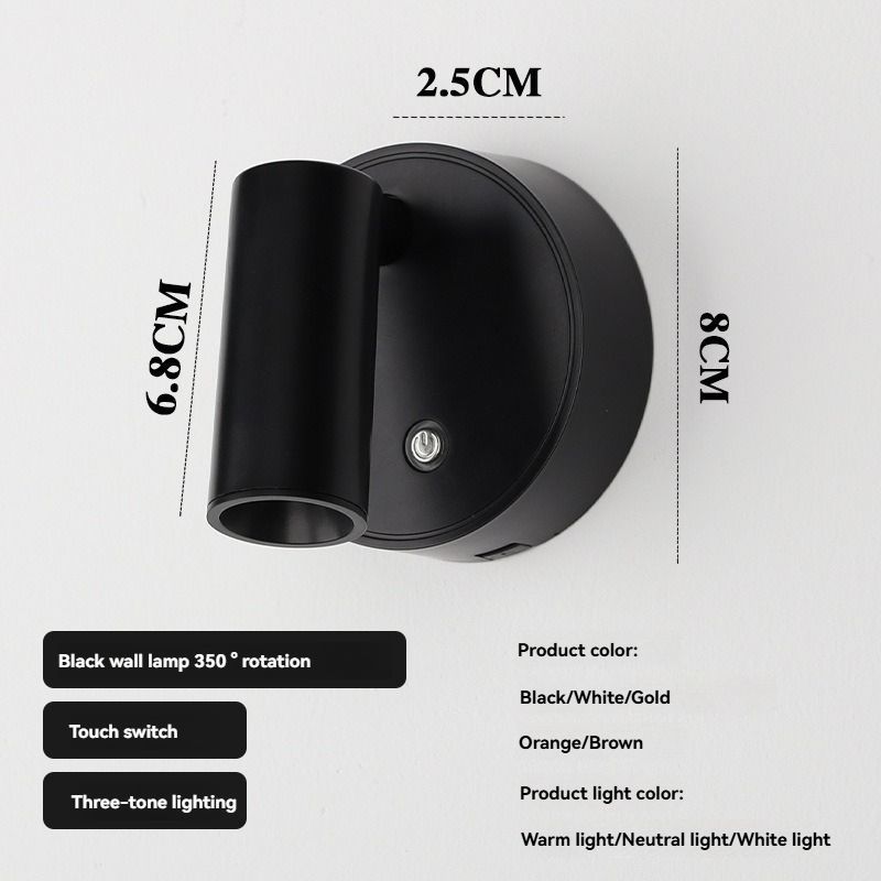 Rotating Wall Lamp Touch Switch Wall Lamp Three-Tone Lighting Wall Lamp Modern - Black - Size 01