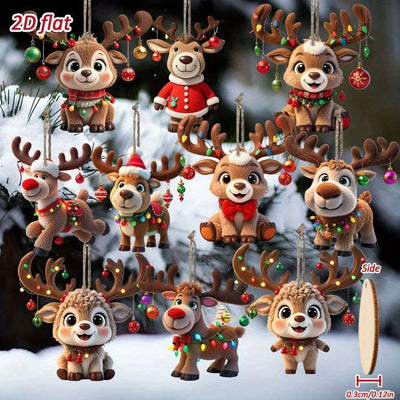 Christmas Reindeer Ornaments Wooden Hanging Decorations 2D Flat Reindeer - Multi-color - Size 01
