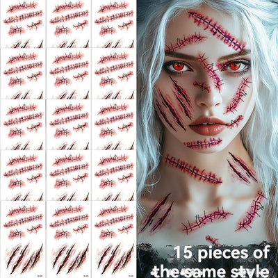 Halloween Tattoos 3D Temporary Tattoos Fake Wound Stickers Blood Wounds - Red - Size scar251-15pcs