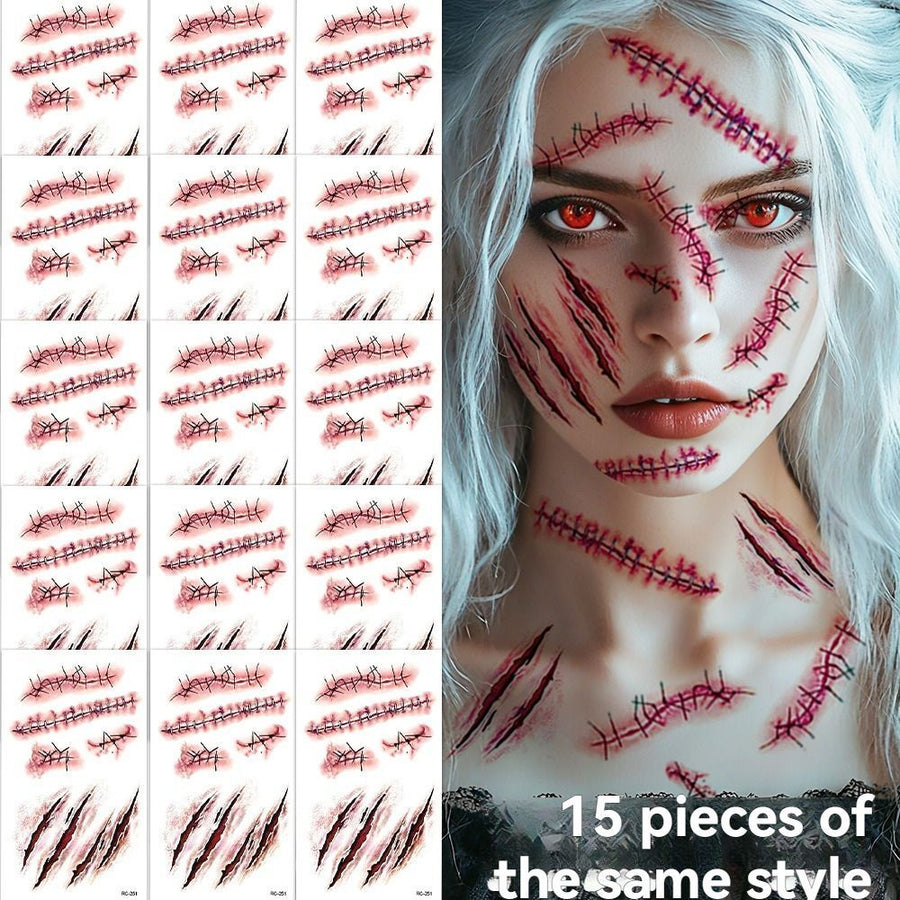 Halloween Tattoos 3D Temporary Tattoos Fake Wound Stickers Blood Wounds - Red - Size scar251-15pcs