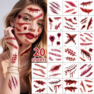 Halloween Tattoos 3D Temporary Tattoos Fake Wound Stickers Blood Wounds - Red - Size scarA-20pcs
