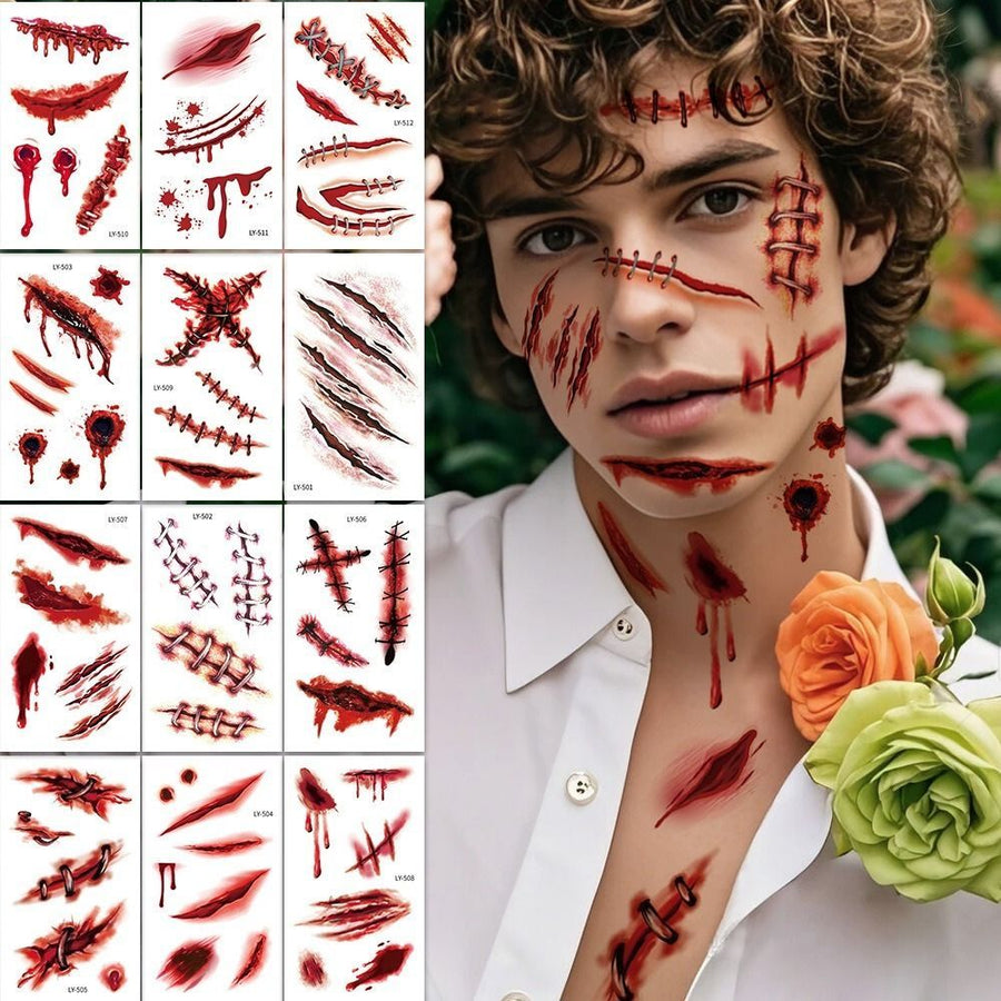 Halloween Tattoos 3D Temporary Tattoos Fake Wound Stickers Blood Wounds - Red - Size scarB-12pcs
