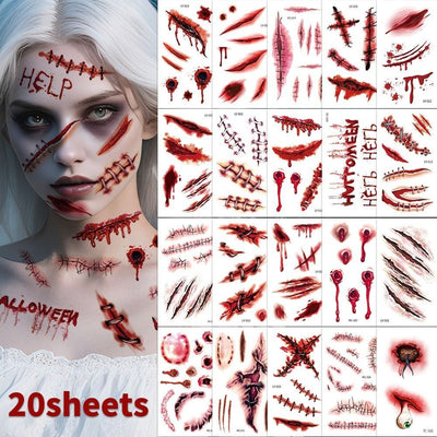 Halloween Tattoos 3D Temporary Tattoos Fake Wound Stickers Blood Wounds - Red - Size scarC-20pcs