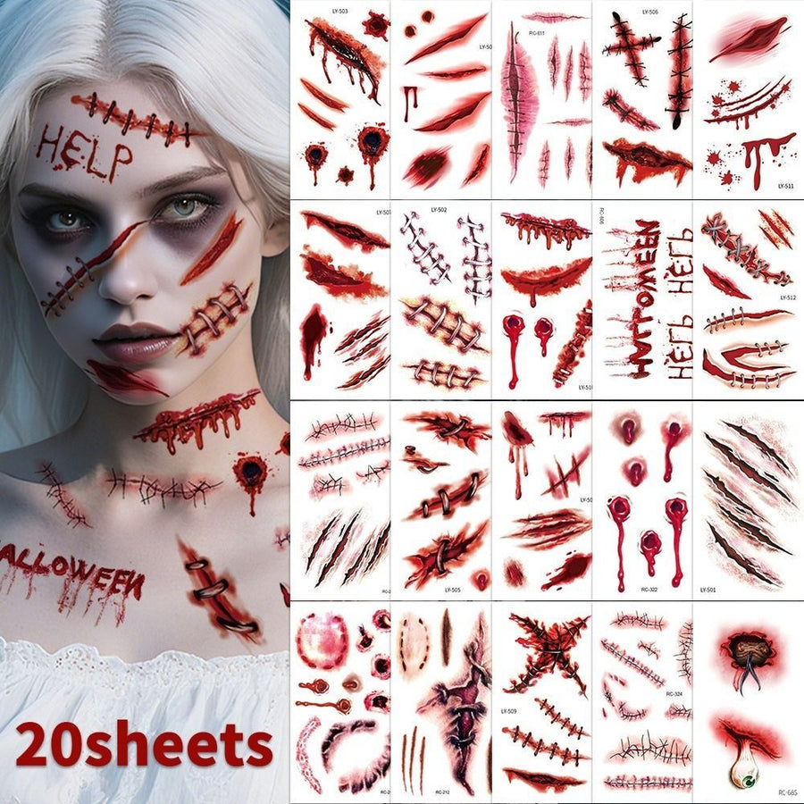 Halloween Tattoos 3D Temporary Tattoos Fake Wound Stickers Blood Wounds - Red - Size scarC-20pcs