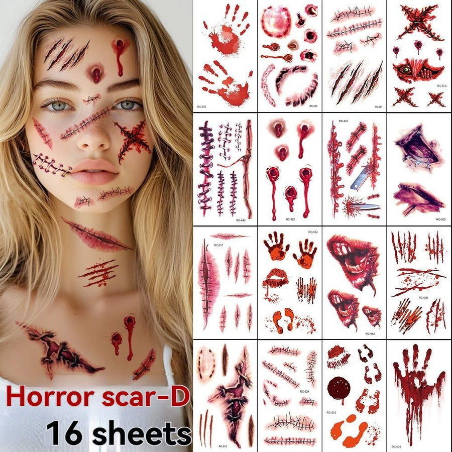 Halloween Tattoos 3D Temporary Tattoos Fake Wound Stickers Blood Wounds - Red - Size scarD-16pcs