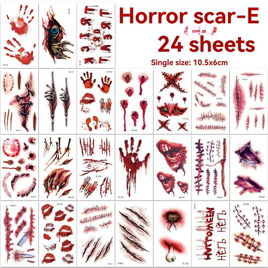 Halloween Tattoos 3D Temporary Tattoos Fake Wound Stickers Blood Wounds - Red - Size scarE-24pcs
