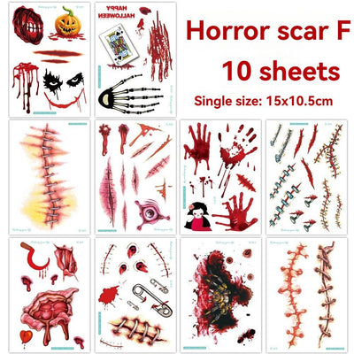 Halloween Tattoos 3D Temporary Tattoos Fake Wound Stickers Blood Wounds - Red - Size scarF-10pcs