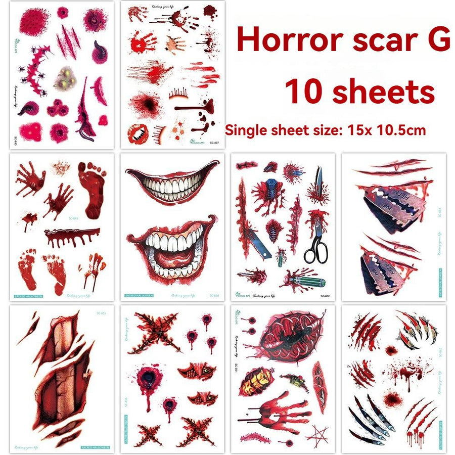 Halloween Tattoos 3D Temporary Tattoos Fake Wound Stickers Blood Wounds - Red - Size scarG-10pcs