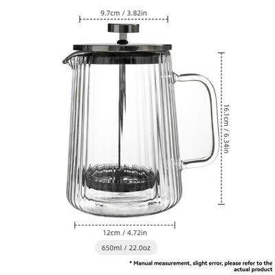 French Press Coffee Maker Double-Layer Glass Coffee Maker Ribbed Coffee Maker - Clear - Size 1000ML
