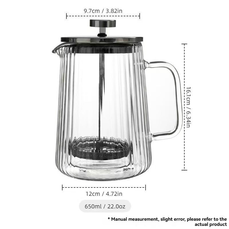 French Press Coffee Maker Double-Layer Glass Coffee Maker Ribbed Coffee Maker - Clear - Size 1000ML