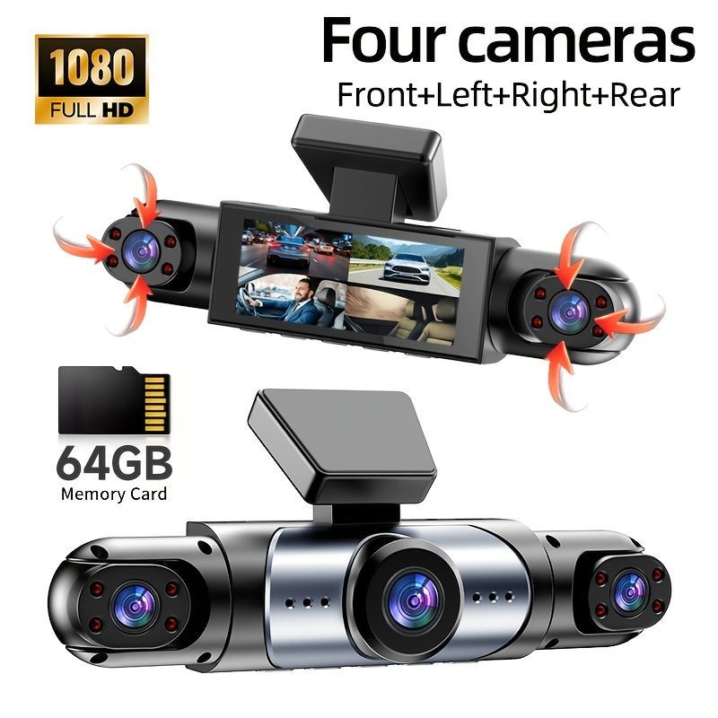 4-Camera Dash Cam 1080P Full-HD Dash Cam Car Dash Cam With 64GB Memory Card - Black - Size 01
