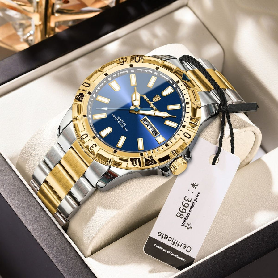 Men'S Watch Stainless Steel Watch Blue Dial Watch Water-Resistant Watch - 959 gold silver blue - Size 01