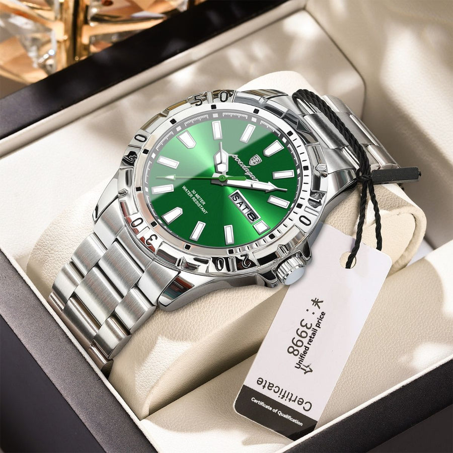 Men'S Watch Stainless Steel Watch Blue Dial Watch Water-Resistant Watch - 959Silver Green - Size 01